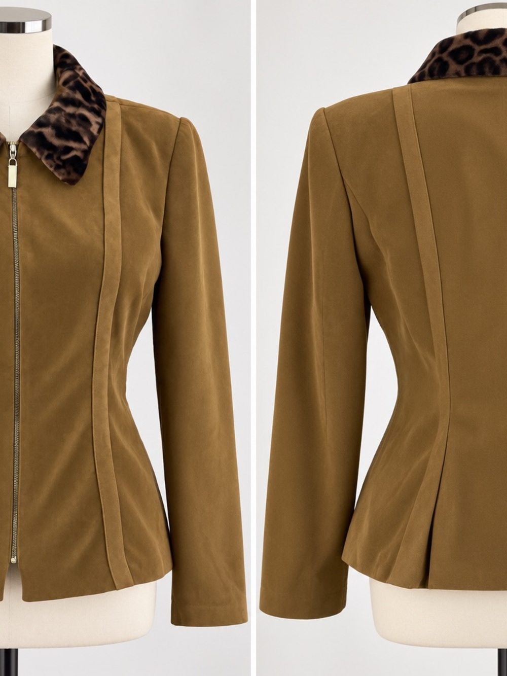 Vintage Maren Faux Suede Jacket Size 10 Leopard Collar Shoulder Pads Made USA